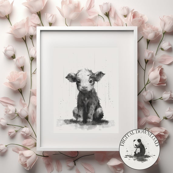 Baby Cow In The Rain Cute Illustration Infant Nursary Decor Ink Drawing Art
