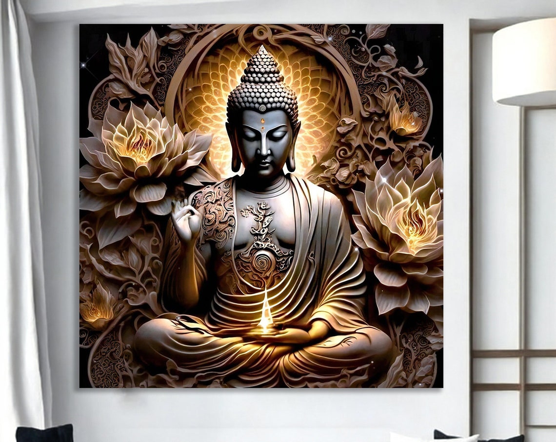 Golden Buddha Lotus Flowers Ornate Carving Meditation Wall Poster