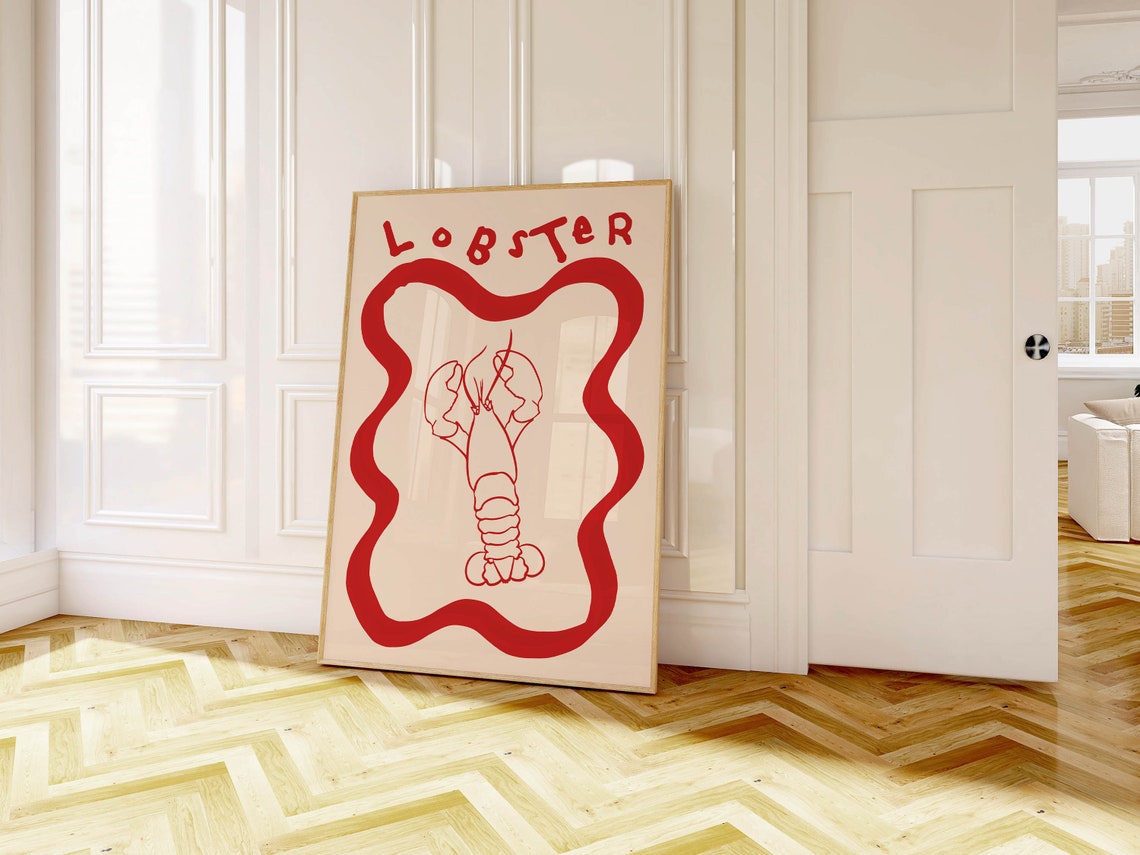 Lobster Red Line Art Wavy Border Seafood Kitchen Wall Decor Poster - Image 2