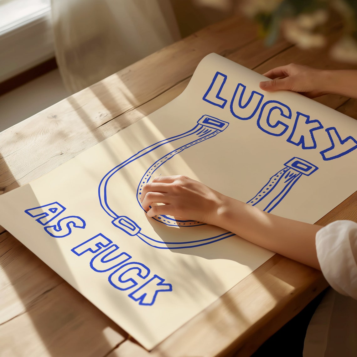 Lucky As Fuck Blue Horseshoe Outline Quote Typography Decor Poster - Image 2