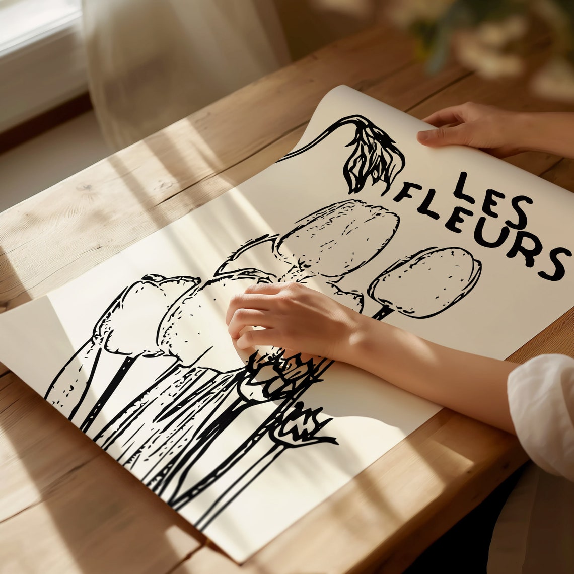 Les Fleurs Black Tulip Botanical Ink Drawing French Floral Art Poster - Image 2