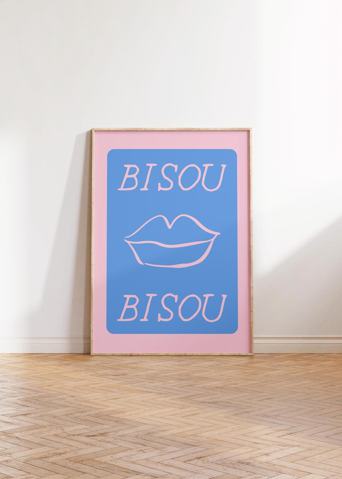 Bisou Pink And Blue French Kiss Lip Illustration Retro Poster - Image 3
