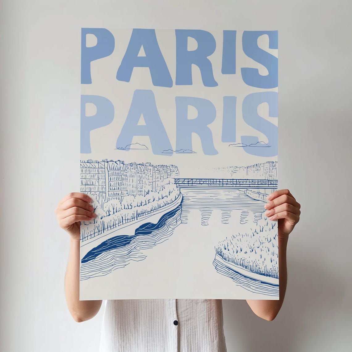 Paris France Blue Typography Seine River Sketch Travel Poster