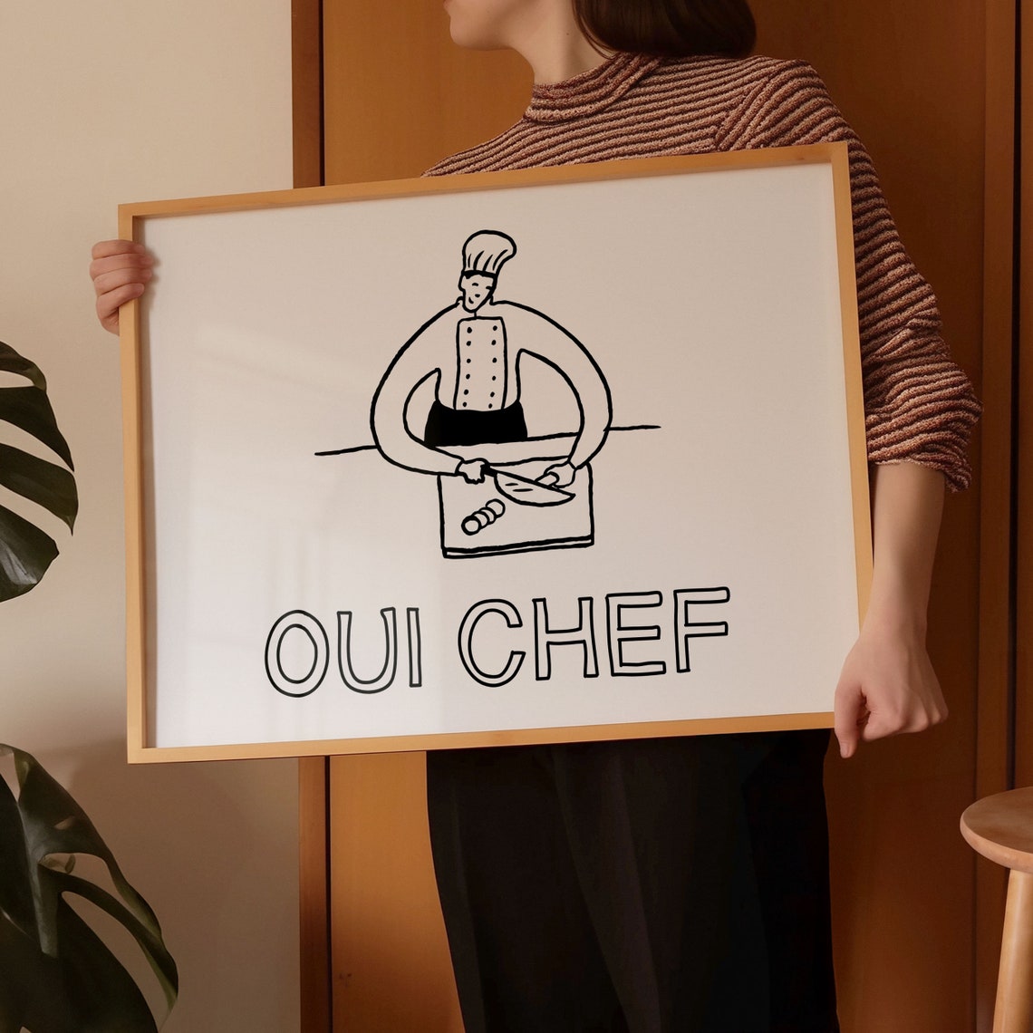 Oui Chef French Kitchen Chef Chopping Line Drawing Horizontal Poster - Image 2