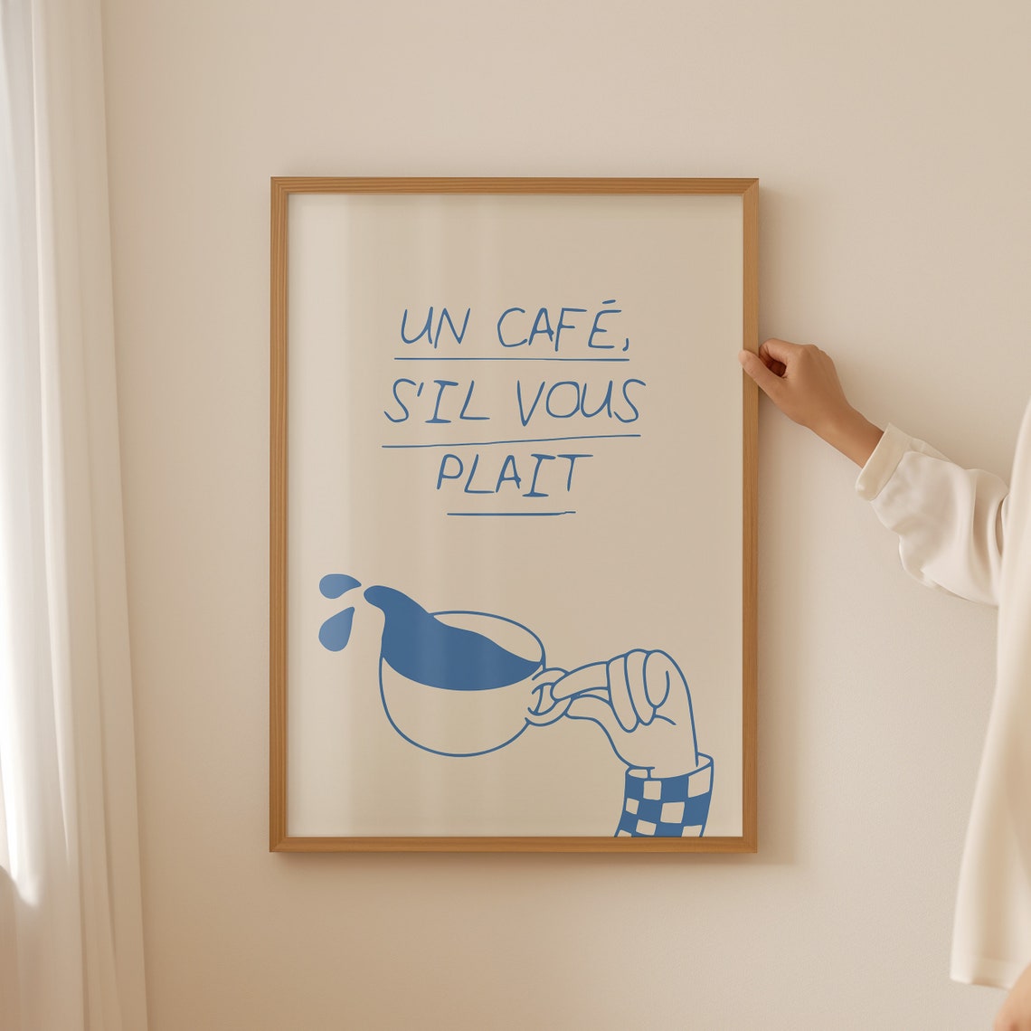 Un Cafe Sil Vous Plait Blue Coffee Cup Hand French Kitchen Poster - Image 3
