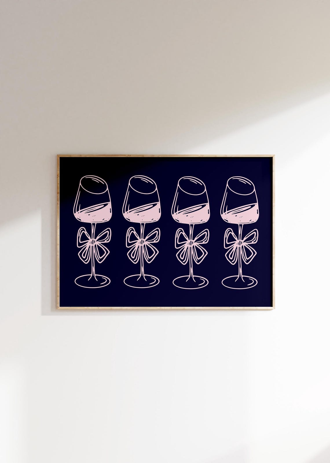 Wine Glasses With Pink Bows Navy Blue Minimalist Line Art Poster - Image 2