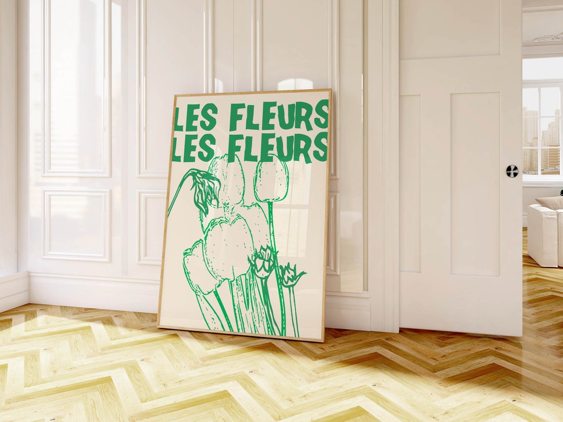 Les Fleurs Green Tulip Botanical Ink Drawing French Floral Art Poster - Image 4