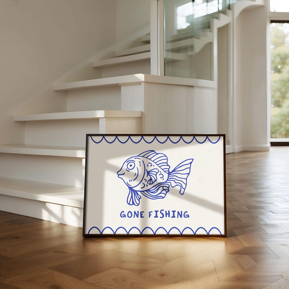 Gone Fishing Cute Blue Fish Doodle Beach Coastal Wall Poster - Image 3