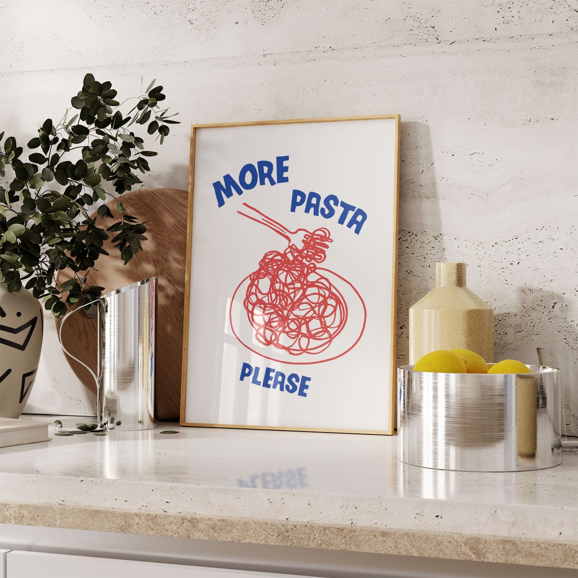 More Pasta Please Fork Spaghetti Drawing Blue Red Foodie Poster - Image 5