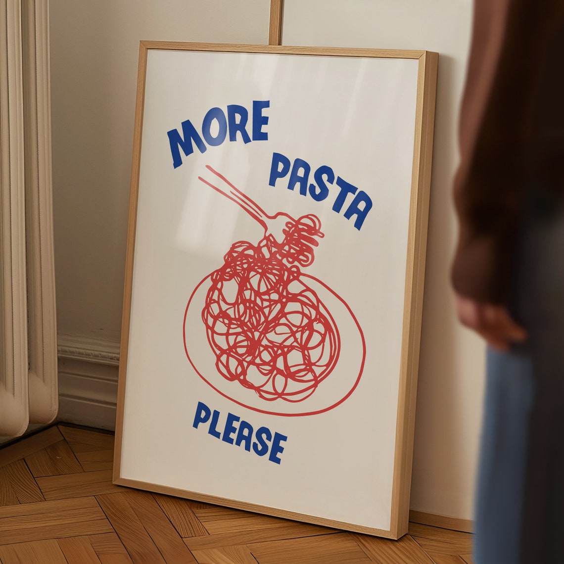 More Pasta Please Fork Spaghetti Drawing Blue Red Foodie Poster - Image 4