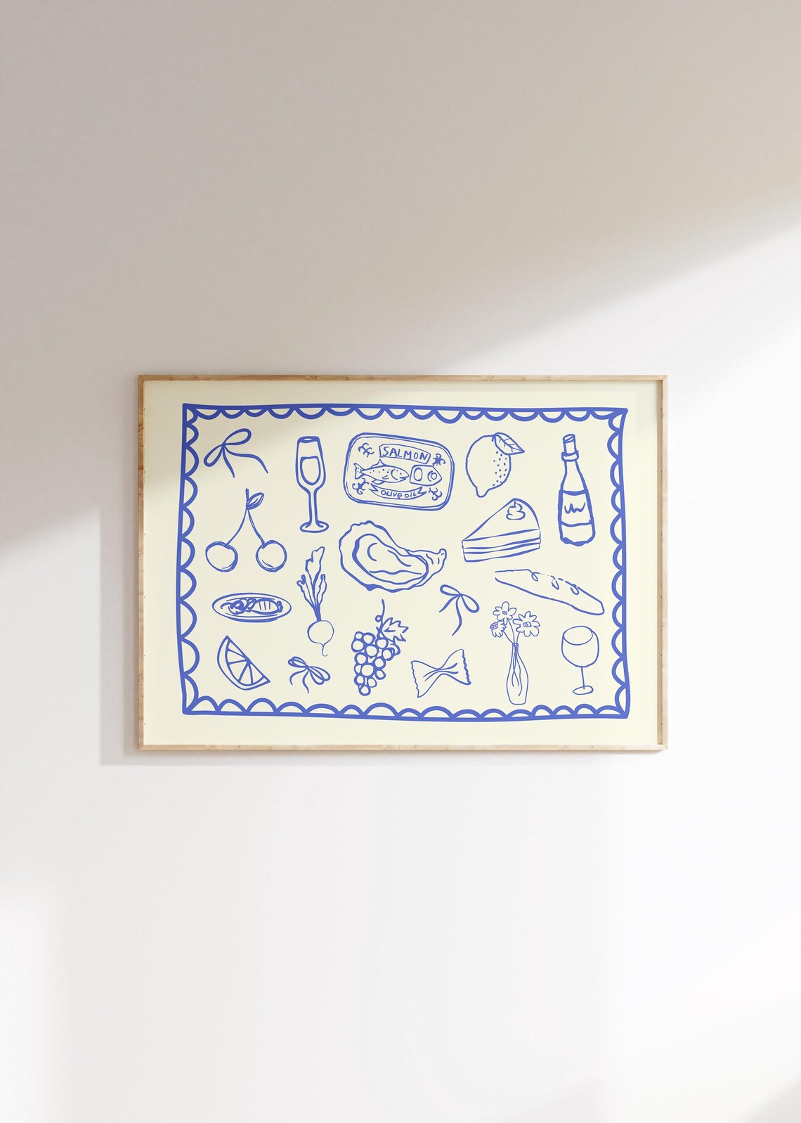 Blue Ink French Market Food Doodle Salmon Lemon Baguette Art Poster - Image 3