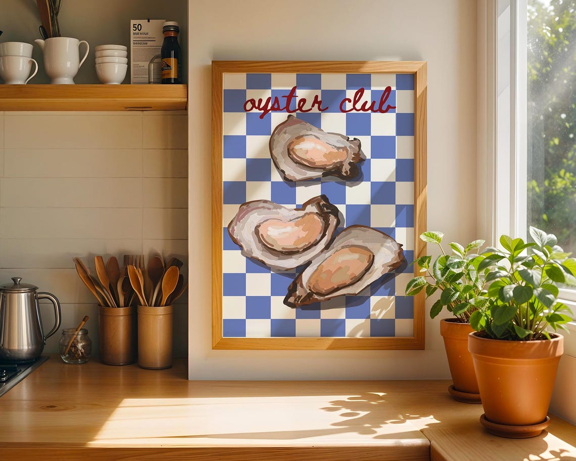 Oyster Club Blue Checkered Three Oysters Coastal Kitchen Poster