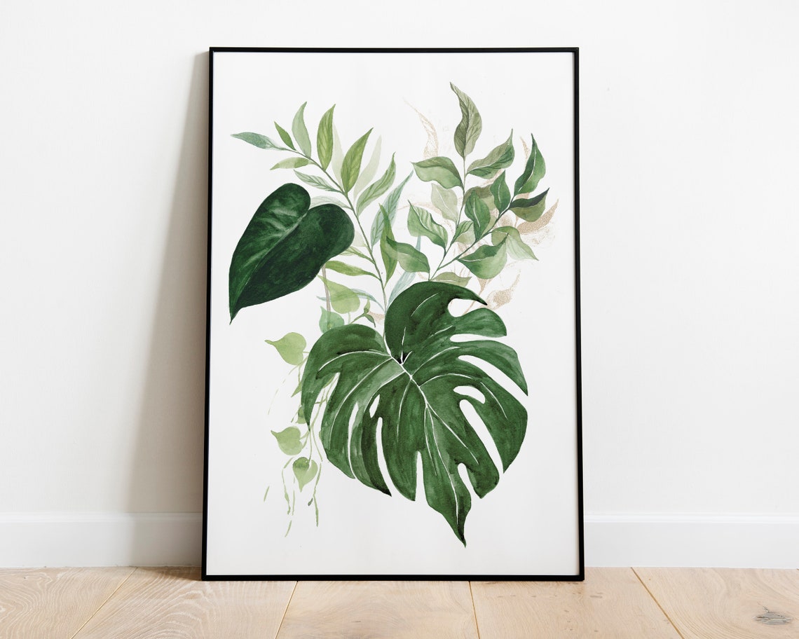 Monstera Leaf Watercolor Botanical Green Foliage Minimalist Poster