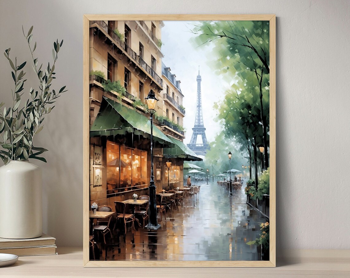 Paris Eiffel Tower Rainy Street Cafe Watercolor France Travel Poster - Image 3