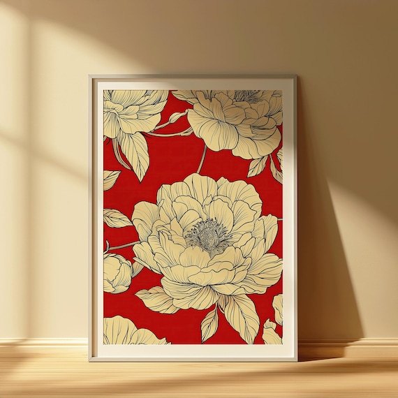 Red Peony Bold Botanical Line Illustration Vintage Style Poster