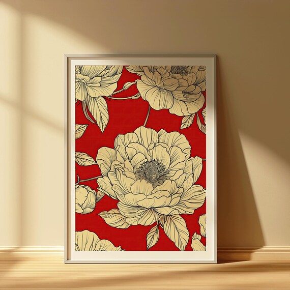 Red Peony Floral Pattern Print Bold Botanical Illustration Vintage Style Wall Art