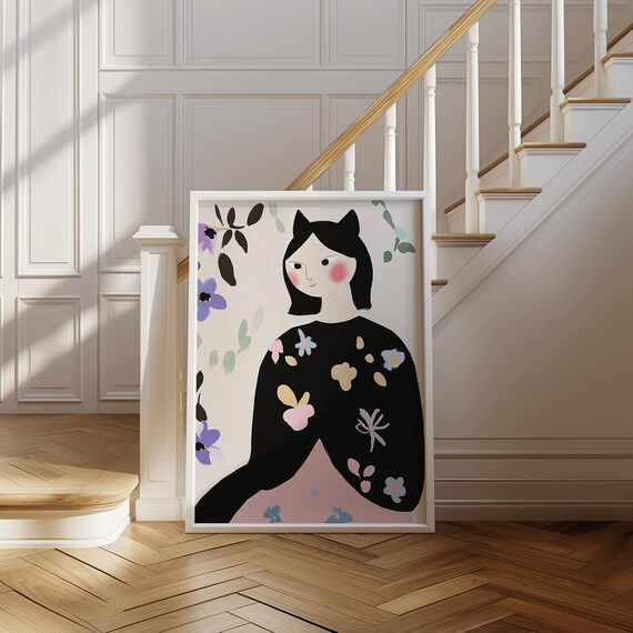 Sweet Girl with Cat Ears Whimsical Floral Pastel Portrait Poster