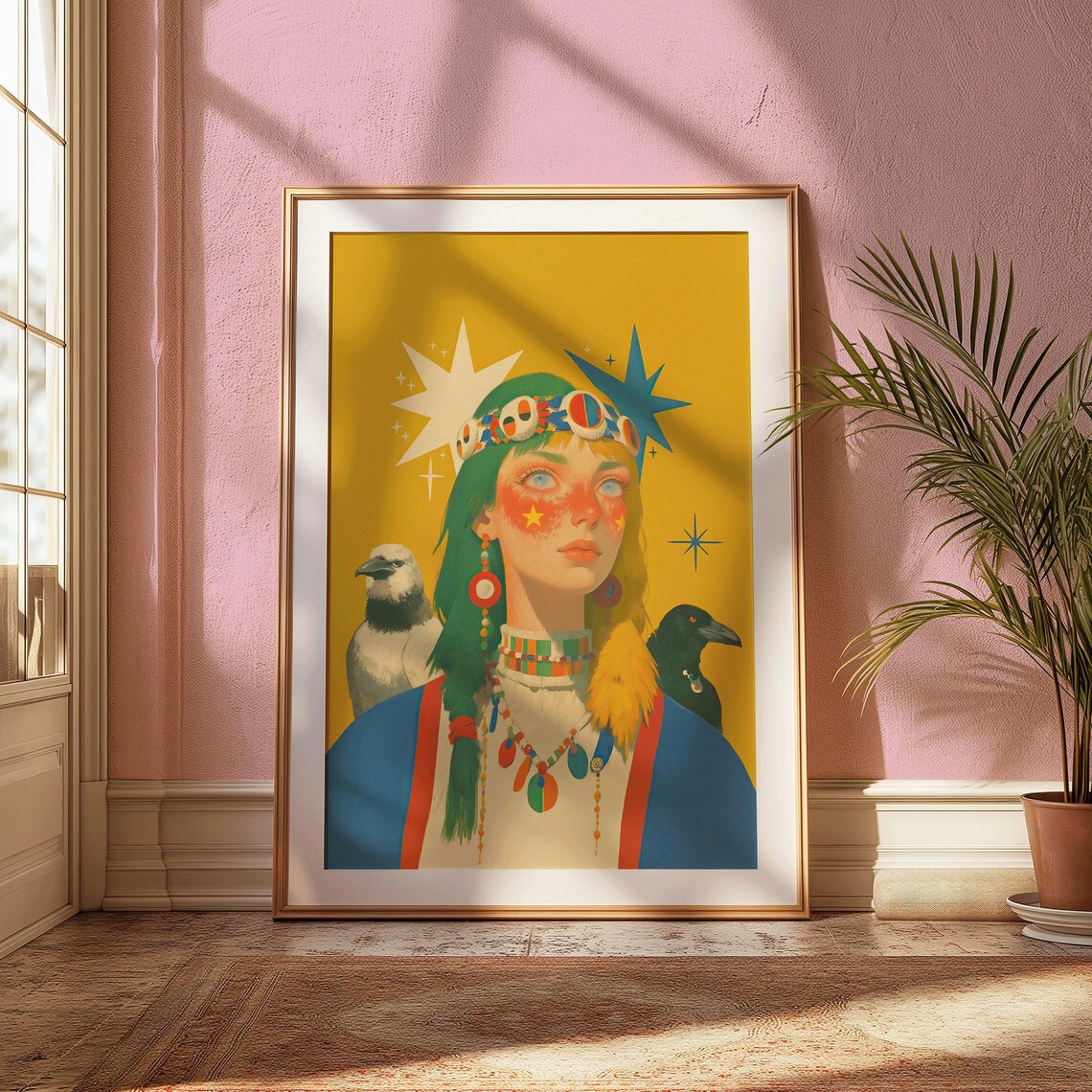Bohemian Girl With Birds Mystical Colorful Star Portrait Art Poster