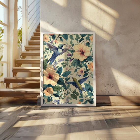 Botanical Hummingbird And Peach Hibiscus Print Tropical Garden Wall Art Lush Natureinspired Decor For Home Or Office Verdant Glow