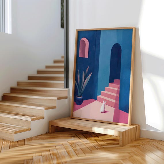 Minimal Bunny And Stairway Art Print Surreal Blue Architecture Poster Whimsical Pastel Animal Decor For Modern Interiors Basils Watch