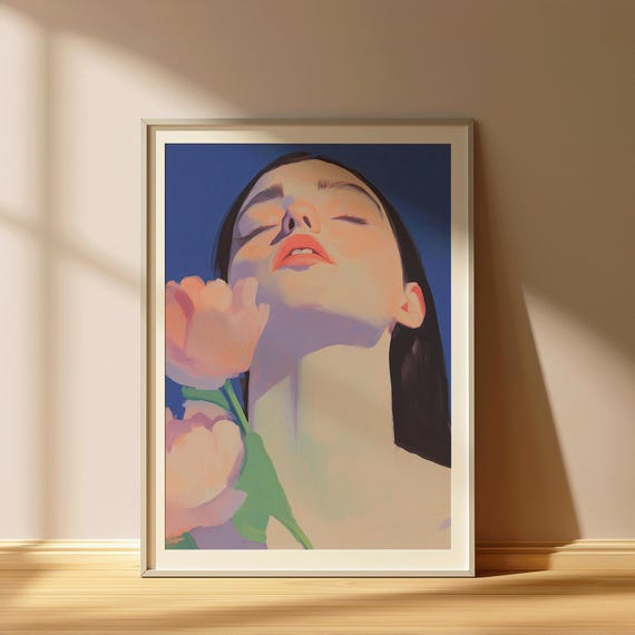 Sunlit Portrait Art Print Dreamy Woman With Flowers Wall Decor Soft Modern Feminine Painting Girl Face Illustration Reverie
