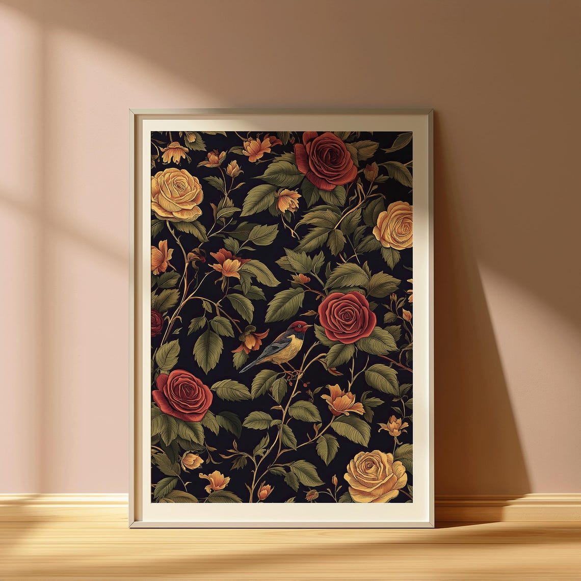 Vintage Crimson Roses and Songbird Dark Floral Garden Art Print