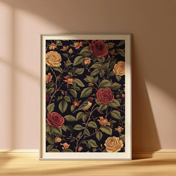 Vintage Rose And Bird Wall Art Print Dark Floral Botanical Illustration Romantic Nature Decor With Crimson Gold Tones