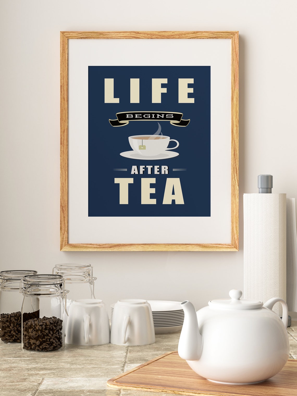 Life Begins After Tea Quote Navy Teacup Kitchen Typography Poster - Image 4