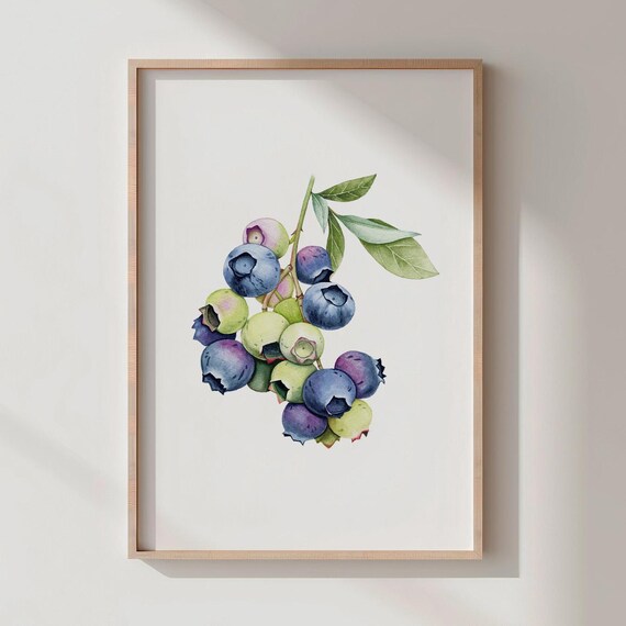 Watercolor Blueberry Branch Botanical Kitchen Decor Fruit Wall Art