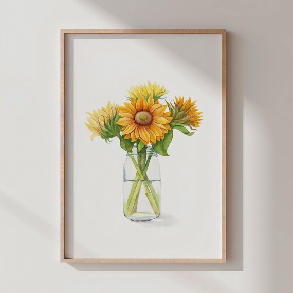 Sunflowers In Glass Jar Rustic Watercolor Farmhouse Art Poster