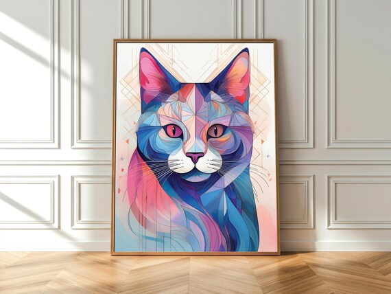 Colorful Geometric Cat Art Abstract Print Modern Animal Wall Decor