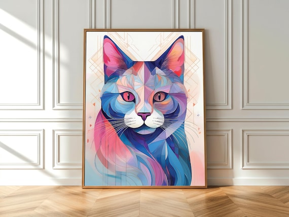 Colorful Geometric Cat Portrait Low Poly Blue Pink Art Poster