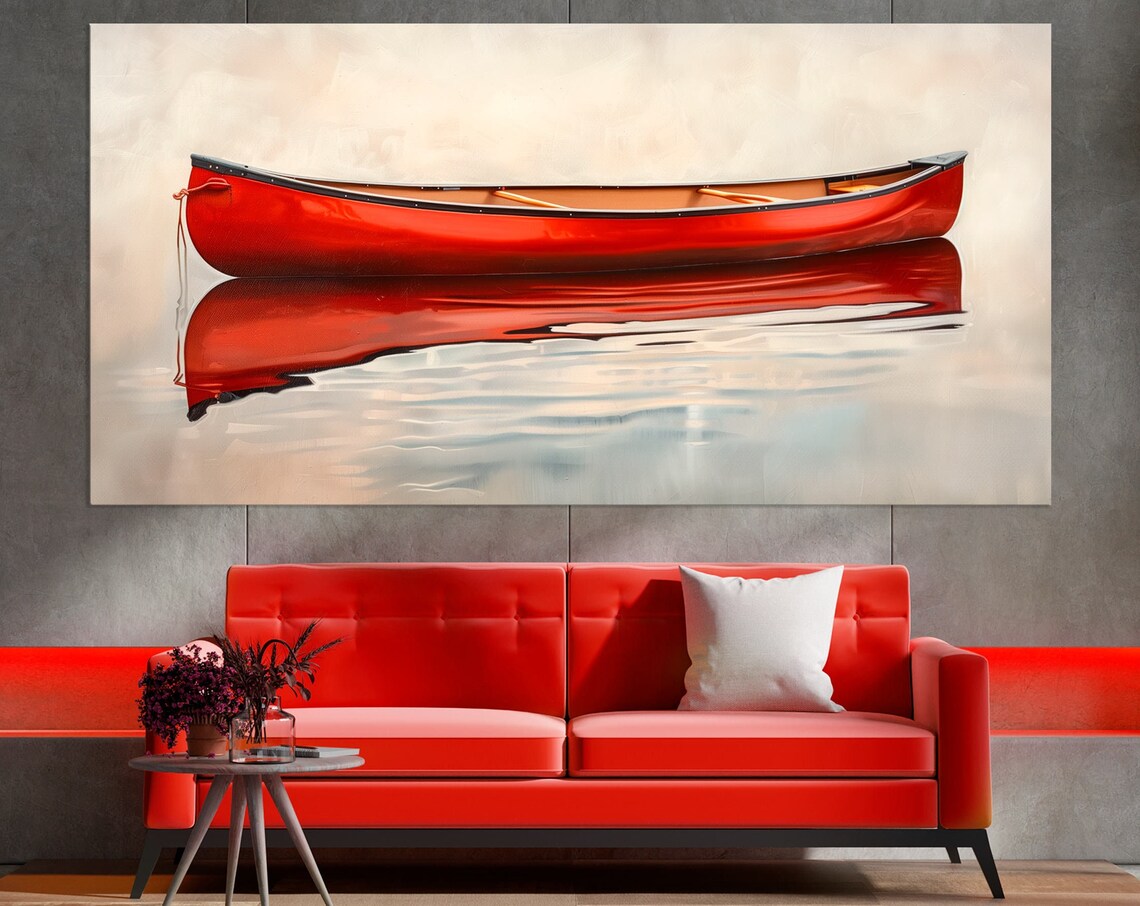 Red Canoe Lake House Decor, Water Landscape Art Print