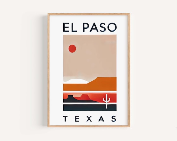 El Paso Texas Desert Sunset Cactus Midcentury Modern Travel Poster