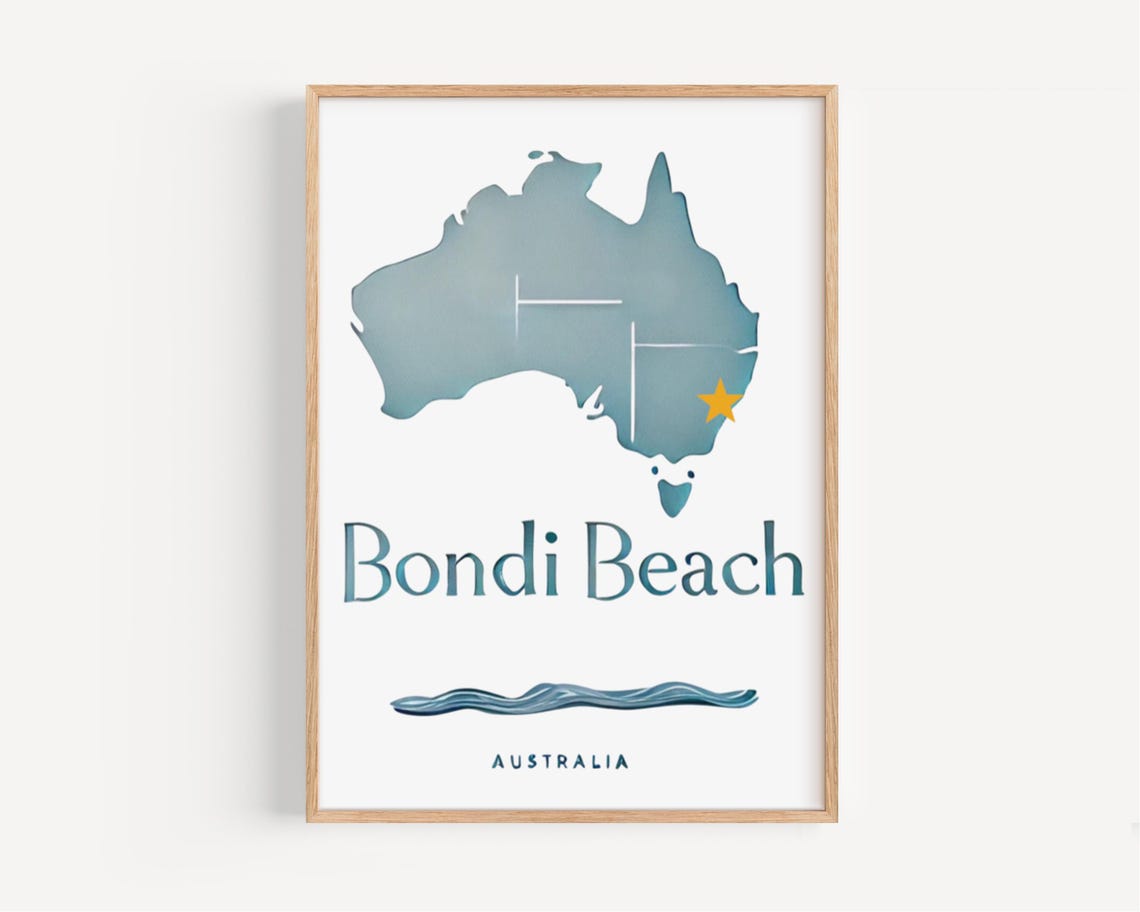 Bondi Beach Sydney Australia Dusty Blue Map Minimalist Travel Poster