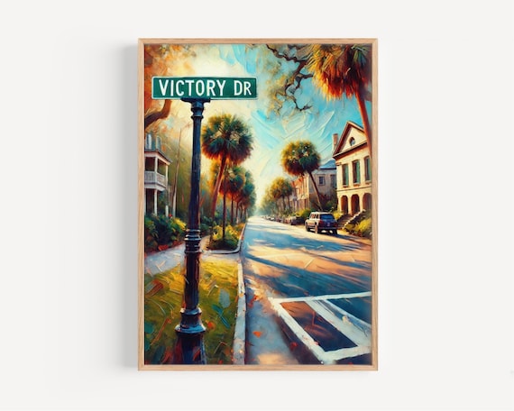 Victory Drive Savannah Georgia Poster Southern Palm Street Scene Decor