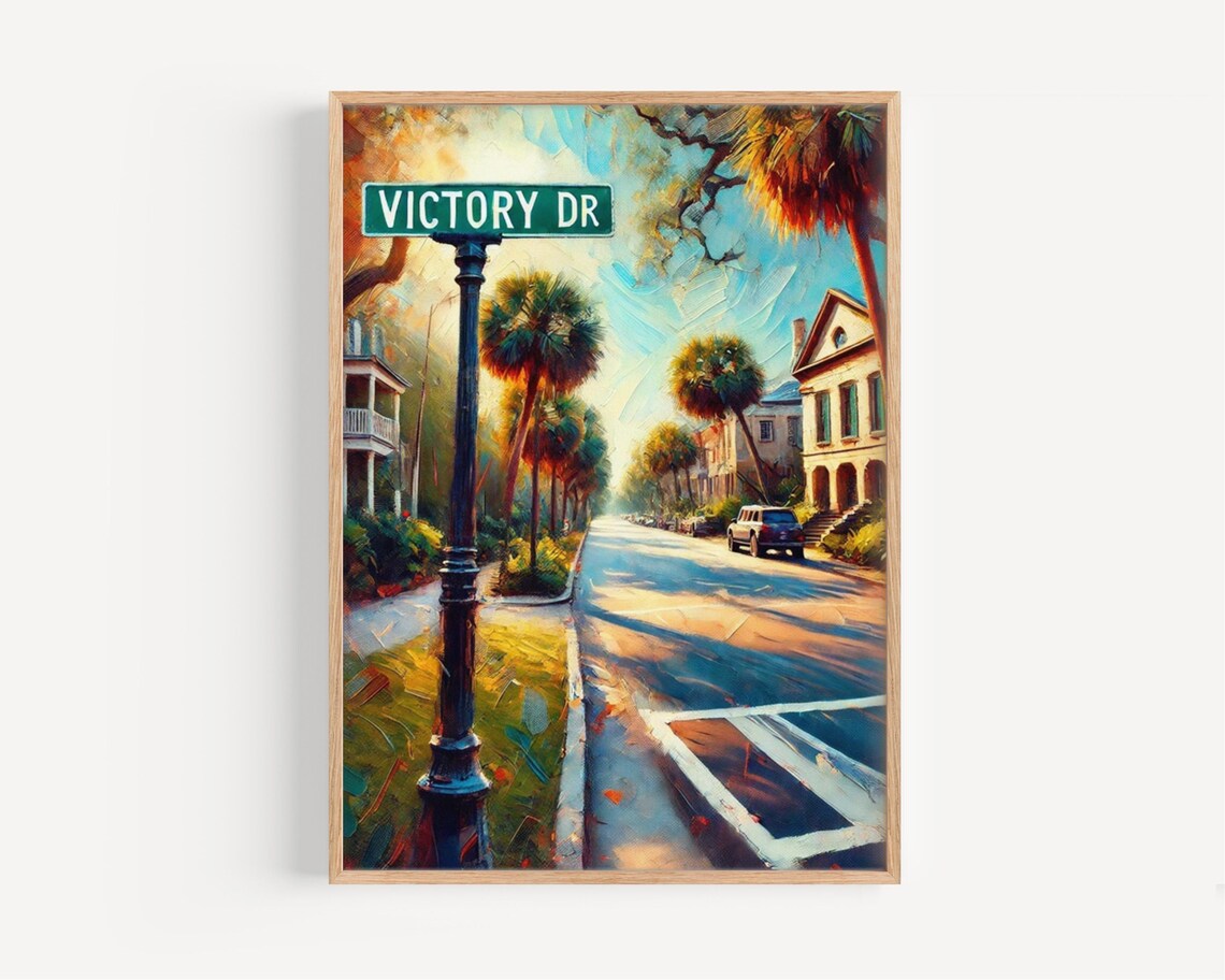 Victory Drive Savannah Georgia Poster Southern Palm Street Scene Decor