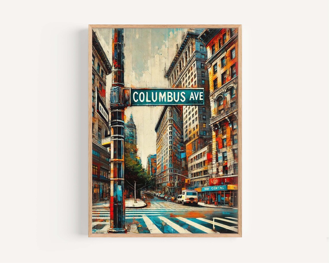 New York Columbus Avenue Street Scene Vintage Painting Poster