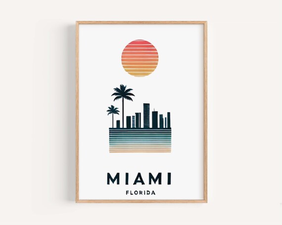 Miami Florida Retro Sunset Skyline With Palm Silhouettes Poster
