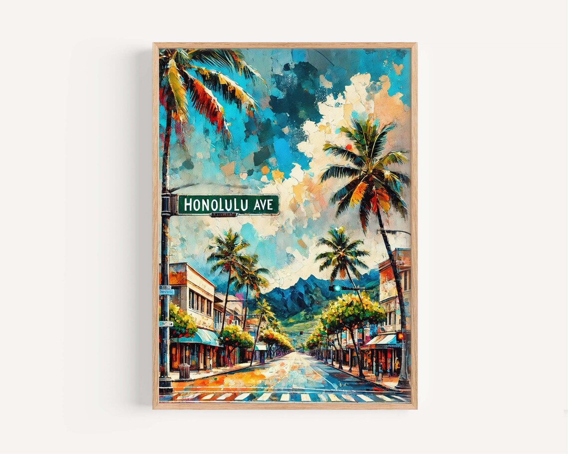 Honolulu Avenue Hawaii Palm Lined Street Vintage Travel Poster Art