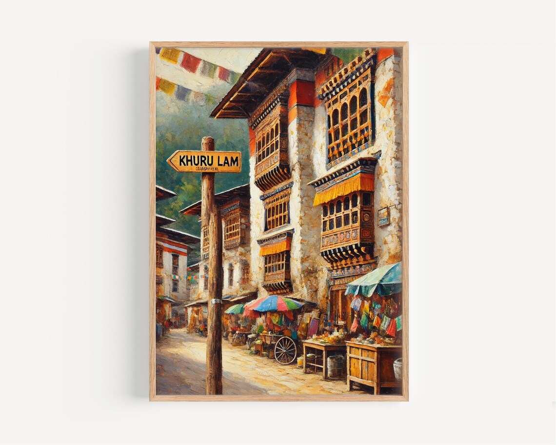 Punakha Bhutan Street Art Poster Khuru Lam Sign Vibrant Himalayan Decor