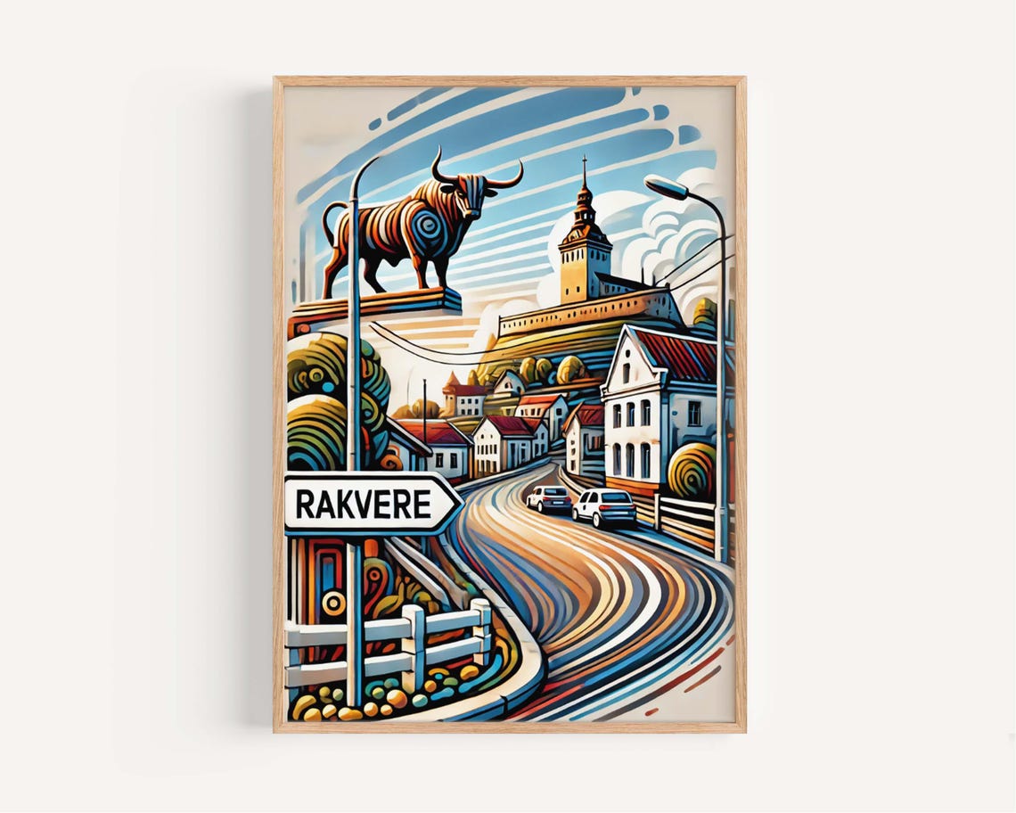 Rakvere Estonia Bronze Bull Landmark Retro Illustration Poster