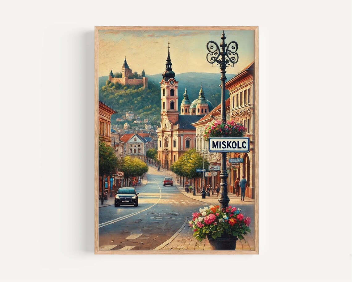 Miskolc Hungary Church And Castle Hill Street Sign Travel Poster