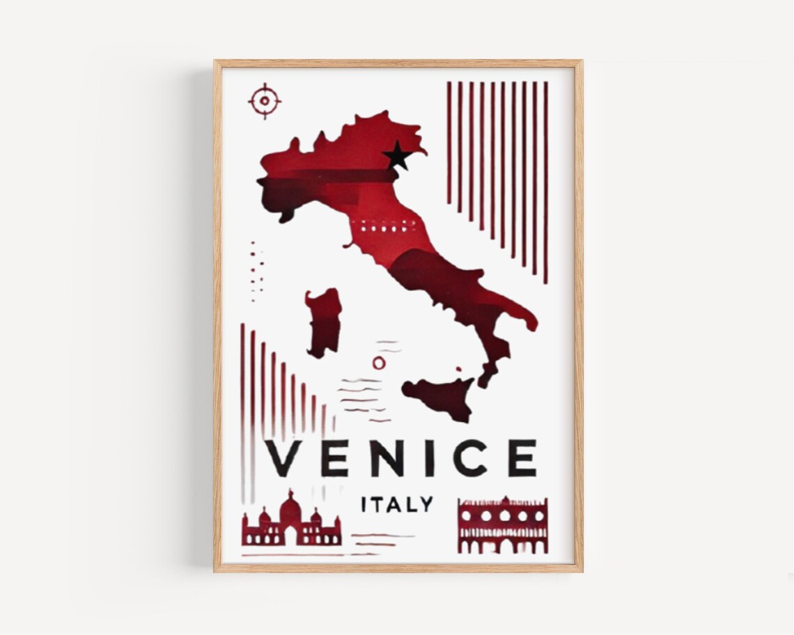 Venice Italy Bold Red Watercolor Map With Landmark Icons Poster