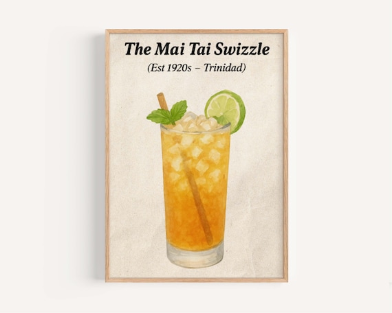 The Mai Tai Swizzle Tropical Tiki Cocktail Watercolor Bar Poster