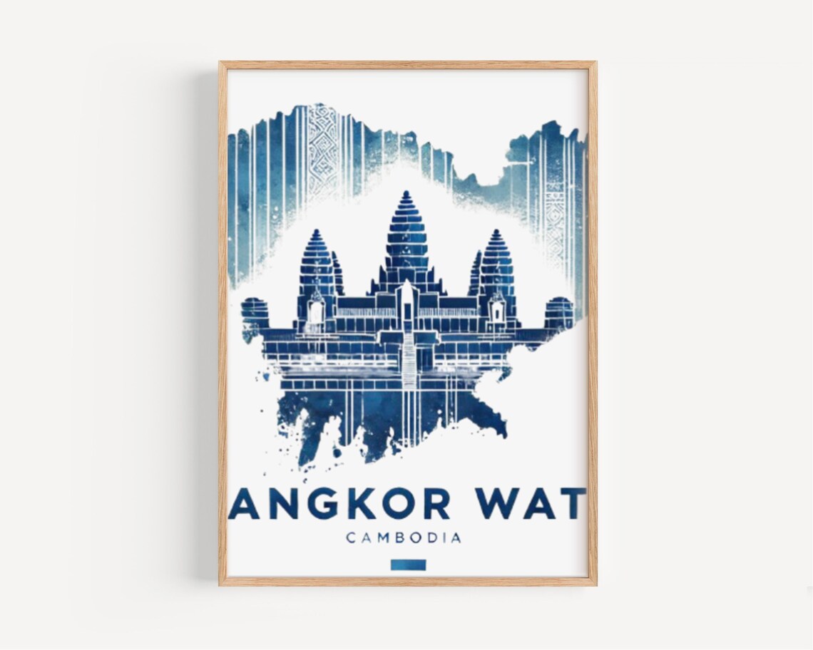 Angkor Wat Cambodia Blue Watercolor Temple Silhouette Poster