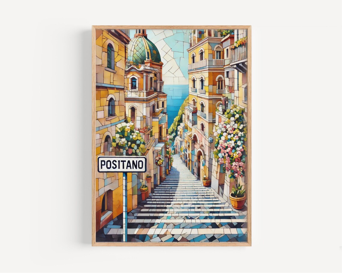 Positano Italy Mosaic Amalfi Coast Steps Vintage Travel Poster Art