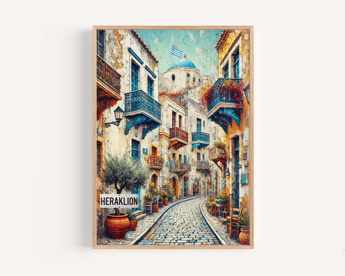 Heraklion Greece Old Town Street Blue Dome Church Painting Poster