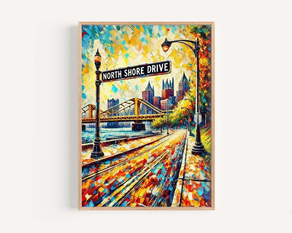 North Shore Drive Pittsburgh Poster Yellow Bridge River Scene Travel Decor