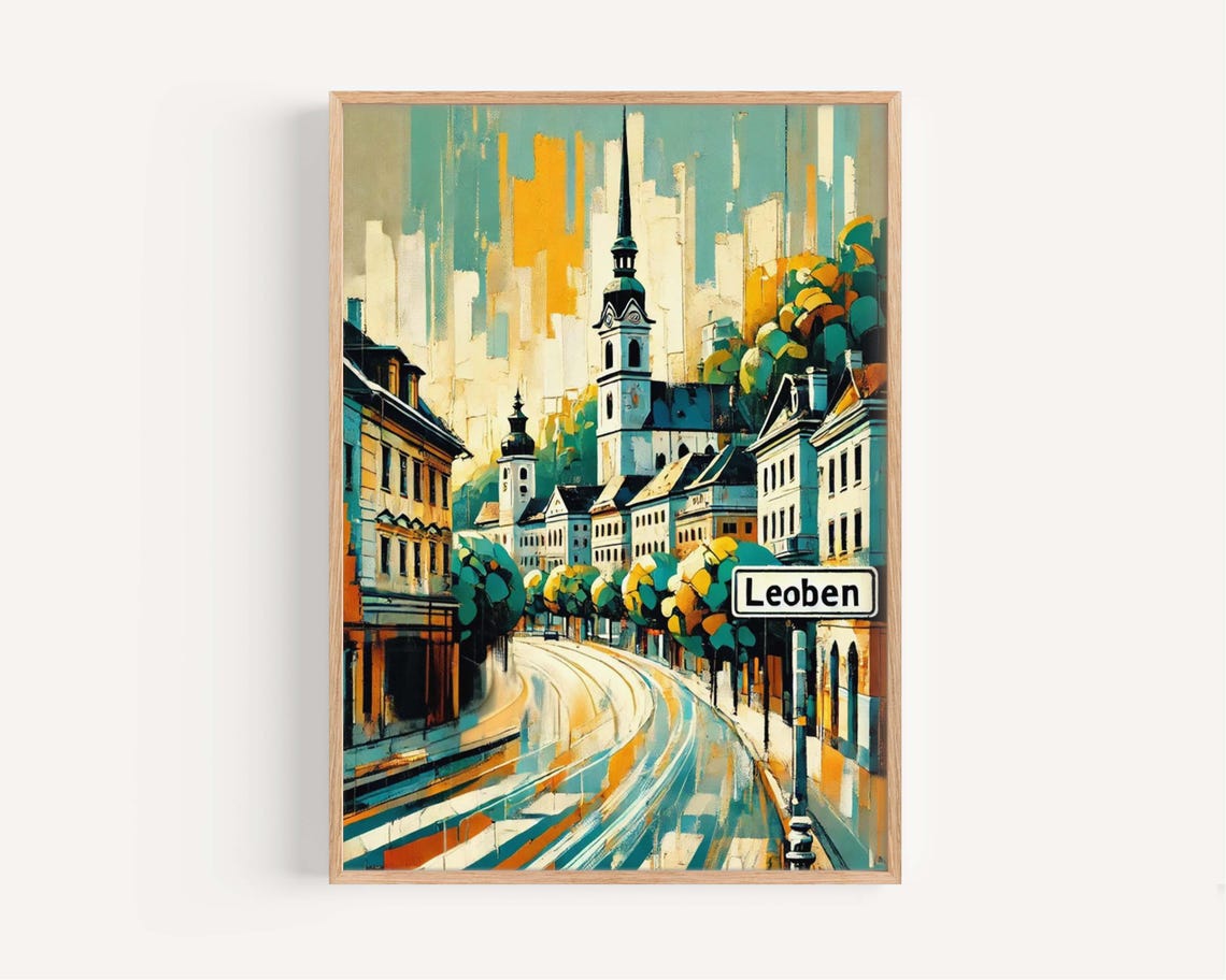 Leoben Austria Modern Street Art Poster with Church and Trees